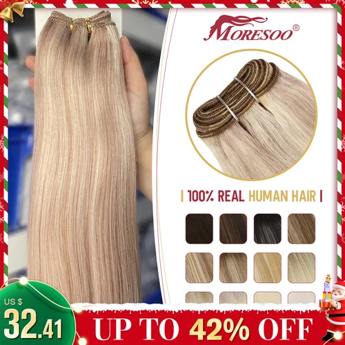 Moresoo-extensiones de cabello para coser, extensiones de cabello humano mechones, máquina de cabello Remy, 100 gramos, doble trama, trama de cabello humano liso suave