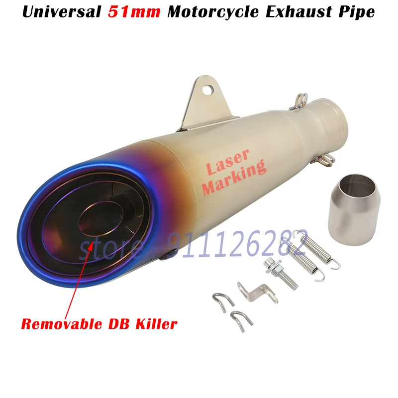 Universal Motorcycle Exhaust Pipe, Motocross Silenciador, DB Killer, Escape Moto para KTM 390, CBR500, ER6N, GSX S750, R1250GS, ZT125, 51mm