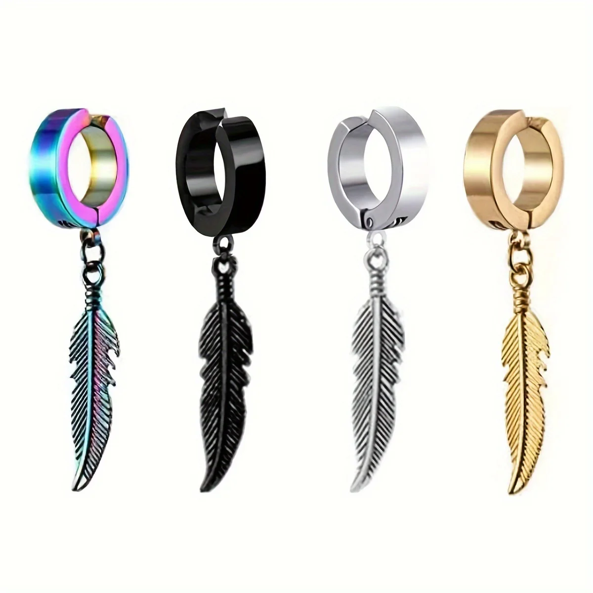 2pcs Stainless Steel Hip-pop Style Non Piercing Hoop Earrings Feather Pendant Ear Clips For Men Women Ear Daily Wear Jewelry