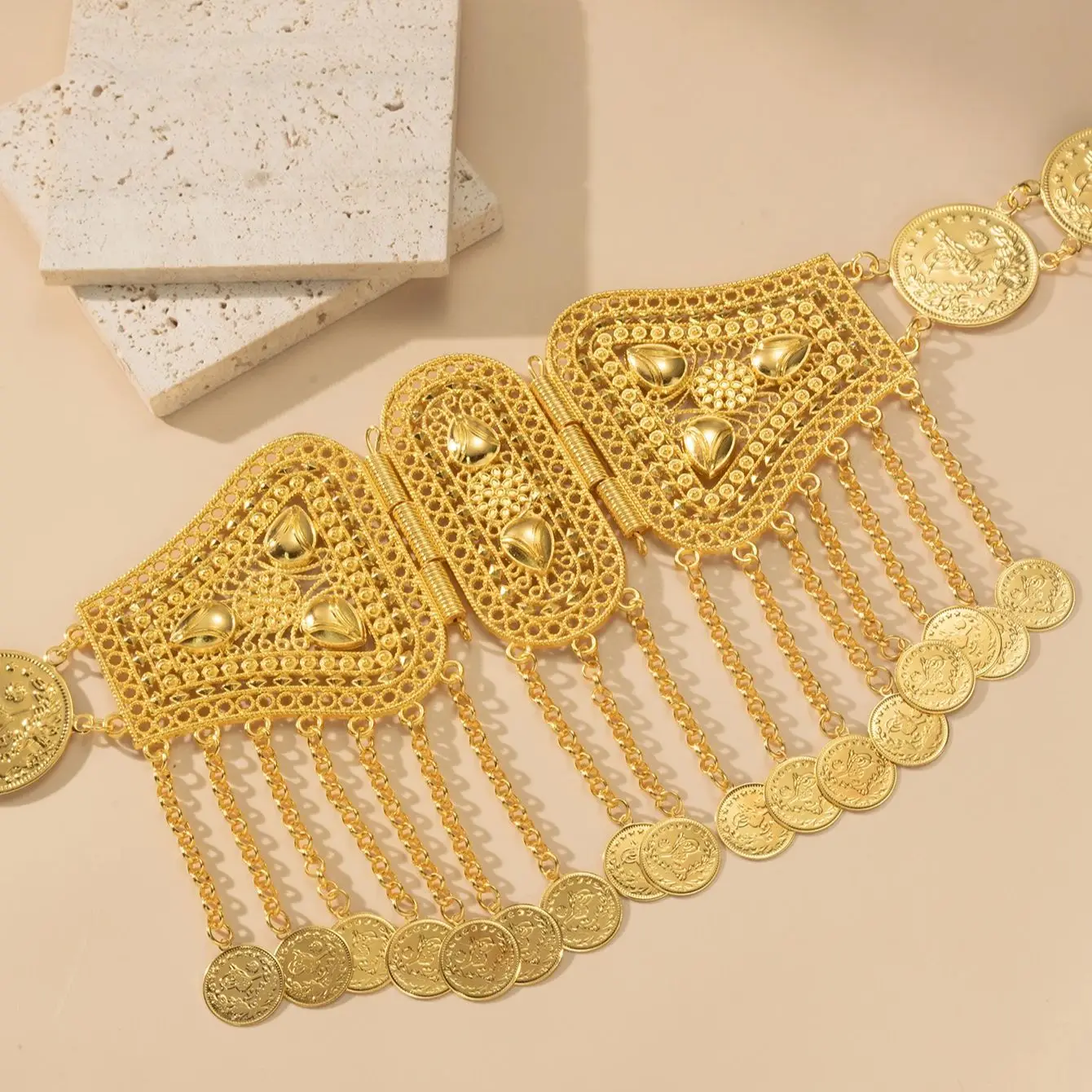 New turkish kurdish wedding bridal dress belt gold plating color arabic coin tassel chain belt for women