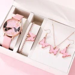 6PCS Set Women Butterfly Dial Watch Brand Design Female Clock Pink Leather Band Ladies Watches Fashion Casual Quartz Wristwatche