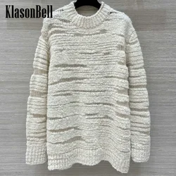 9.28 KlasonBell Gradient Crochet Sheer Hollow Out Alpaca Wool Blend Knit Sweater For Women O-Neck Loose Casual Jumpers Top