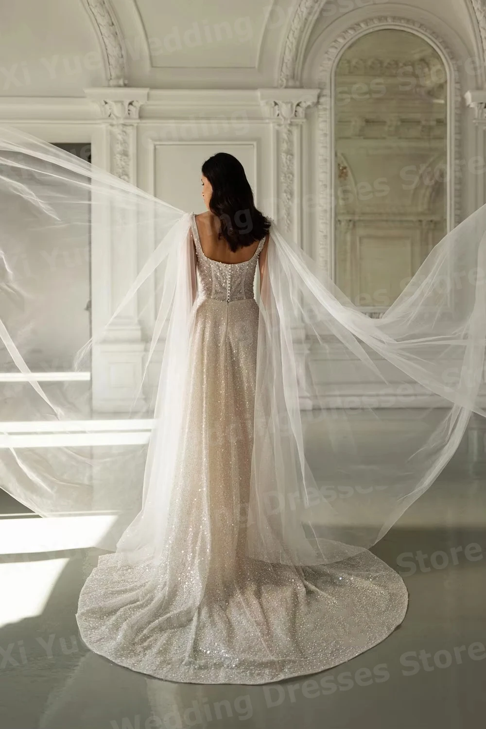 فساتين زفاف نسائية متألقة على شكل حرف A مطرزة فيستدو دي نوفيا أشرطة سباغيتي بدون ظهر فساتين العروس مخصصة رداء دي ماري