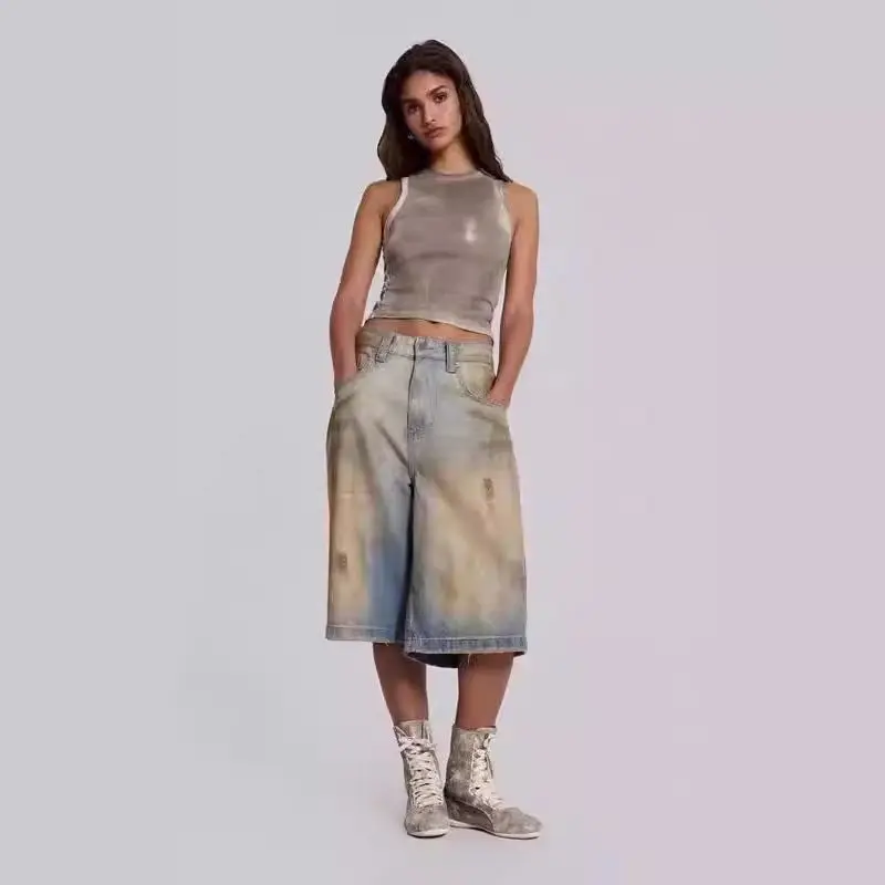 Jaded london 25SS beach pants men's and women's dirty dyed blue faded old straight jeans shorts mid-rise jeans