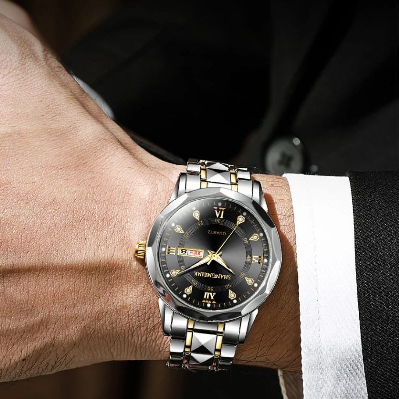 Мужские кварцевые часы, корпус с ремешком и календарь с драгоценными камнями — модные мужские часы