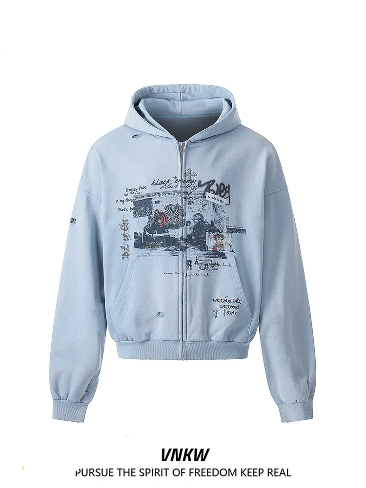

American Sle Destroyed Design Hoodie Cardigan Loose Waed Print Versatile Couples Jaet Men Women Spring Cotton Polyester