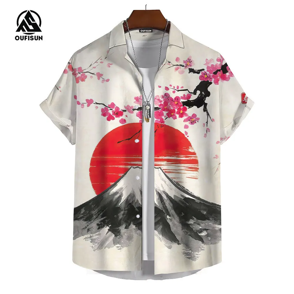 Summer Men\'s Short Sleeve Shirt Japanese Style Printed Sakura Fuji Mountain Pattern Street Fashion Men\'s Shirt Oversized Tops