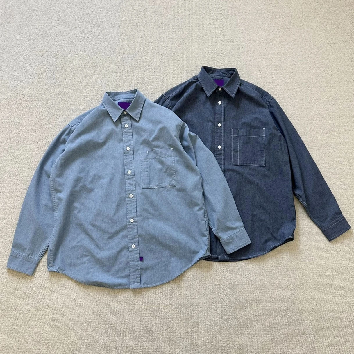 Japanese Single Purple Label Regular Collar Chambray Loose Purple Small Icon Pocket Denim Shirt