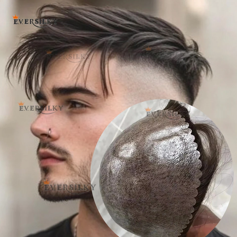 

Undetectable Dark Brown Grey Black Man Soft Remy Human Hair System Prosthes 30mm Wave/Straight Natural Hairline Easy Wear Toupee