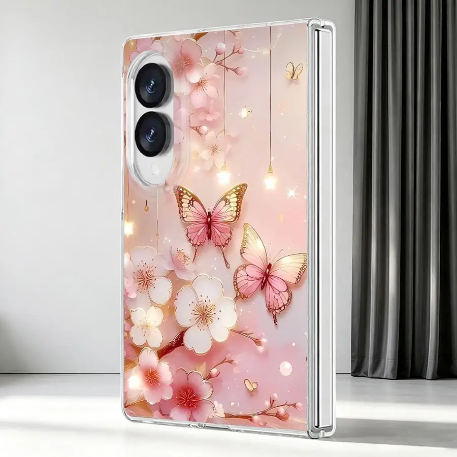 Soft Pink Cherry Blossoms Transparent Phone Cover Case for Samsung Galaxy Z Fold 8 ZFold 8 PC Hard Luxury ZFold8
