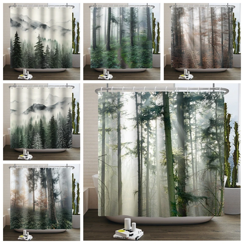 

Misty Forest Shower Curtain Fog Magic Winter Tree Bath Curtain for Bathroom Spring Morning Nature and Woodland Bathtub Screen