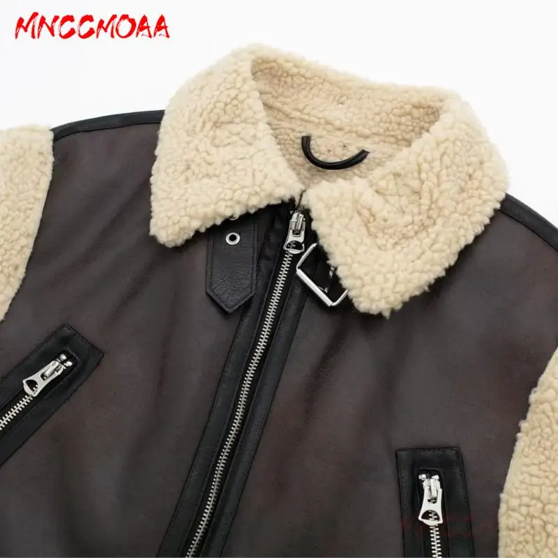 MNCCMOAA-Women's Faux Leather Lambswool Double Sided Vest, Female Waistcoat, Casual Sleeveless Pockets Tank, Winter Fashion 2024