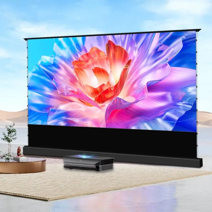 Motorized Tab Tension Floor Rising Projector Screen ALR Anti-Light Electric Projection Screen for UST Laser TV 4k HD Projector