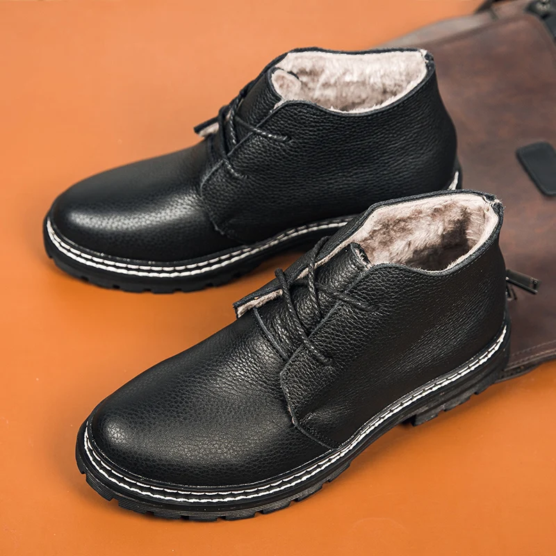 

Fashion Genuine Leather Chelsae Boots Autumn Winter Warm Fur Ankle Western Boots Business Men's Loafers Comfortable Handmade
