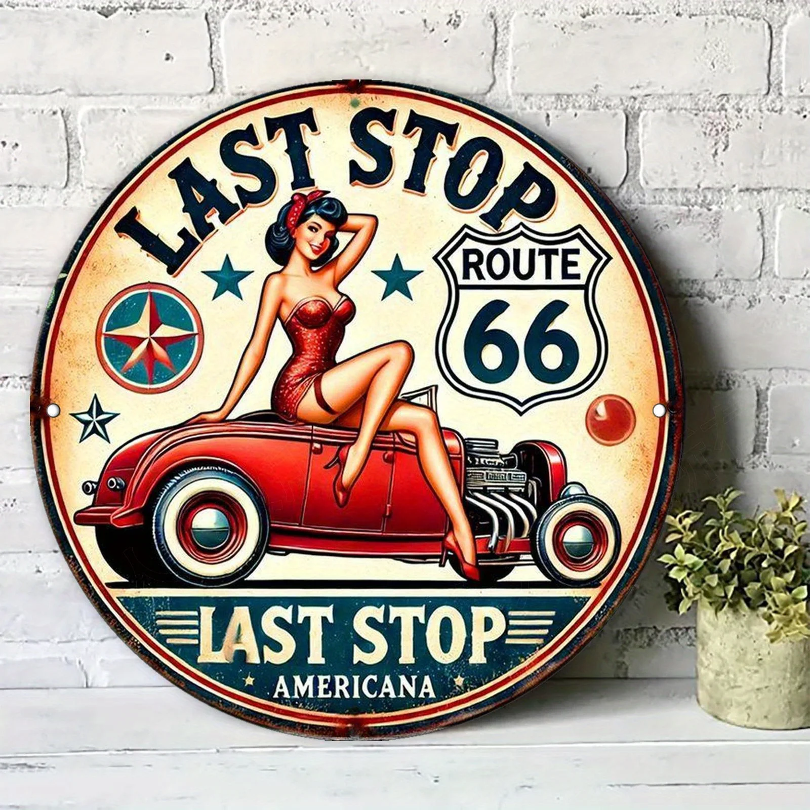 2D Flat, Vintage Route 66 Metal Wall Art - Retro Americana Aluminum Sign with Last Stop &Classic Car Design, 20x20cm/7.87x7.87in