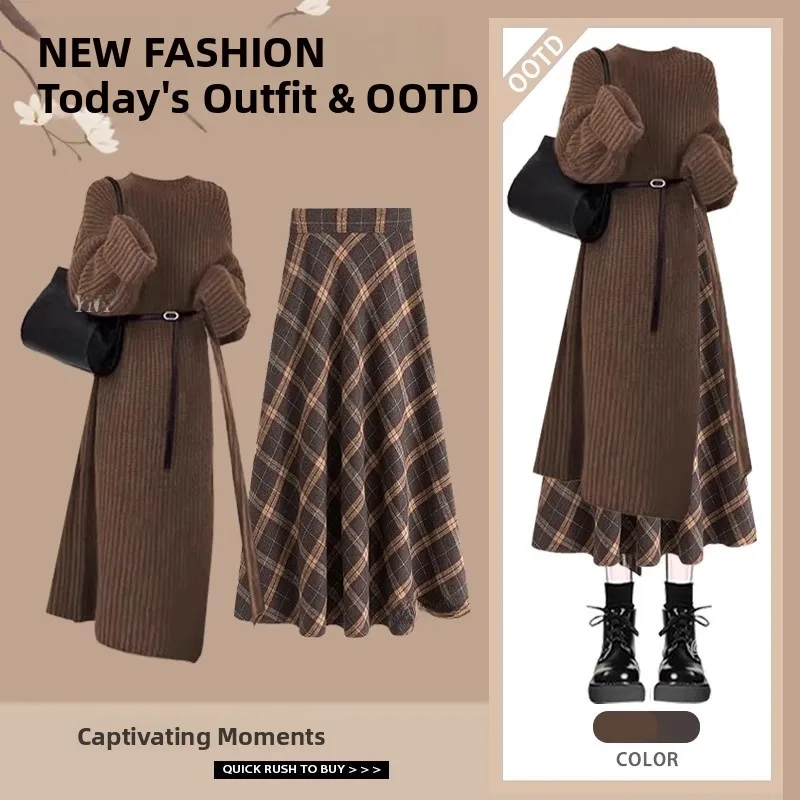 ชุดเซ็ตเสื้อสเวตเตอร์สีแดงสไตล์เกาหลีแบบสบายๆ พร้อมกระโปรงเอวสูงสำหรับผู้หญิง ฤดูใบไม้ร่วง ฤดูหนาว แฟชั่นปีใหม่ ชุดสองชิ้น เสื้อแขนยาว