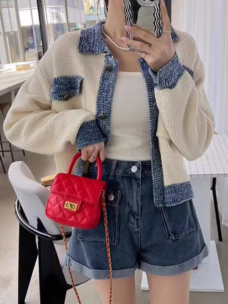 Style coréen offre spéciale Chic couleur bloc tricot ouvert Cardigan à la mode jeune parfum Style printemps automne vêtements d'extérieur col Polo