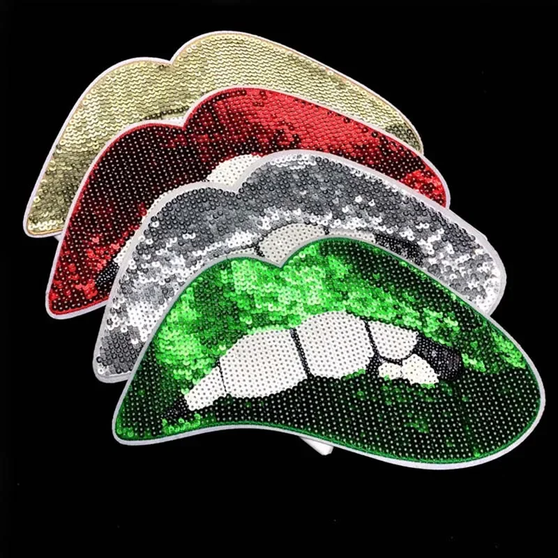 27*14CM/ Big Mouth Embroidery Sequin Applique Iron On Patch,Sequins Lip Patches Sitckers Thermocollant For T shirts,Clothing