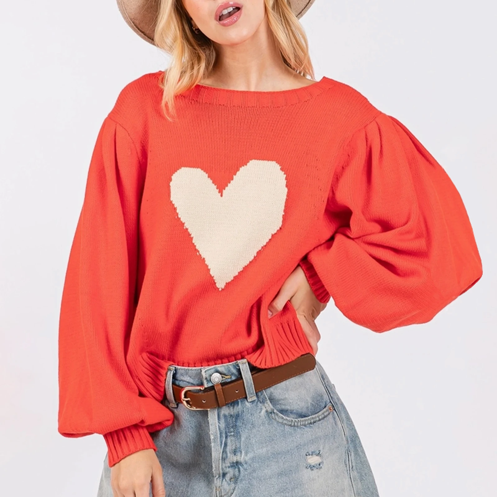 Women's Valentine's Day Knit Sweater Long Sleeve Round Neck Heart Print Pullover Tops Knitwear