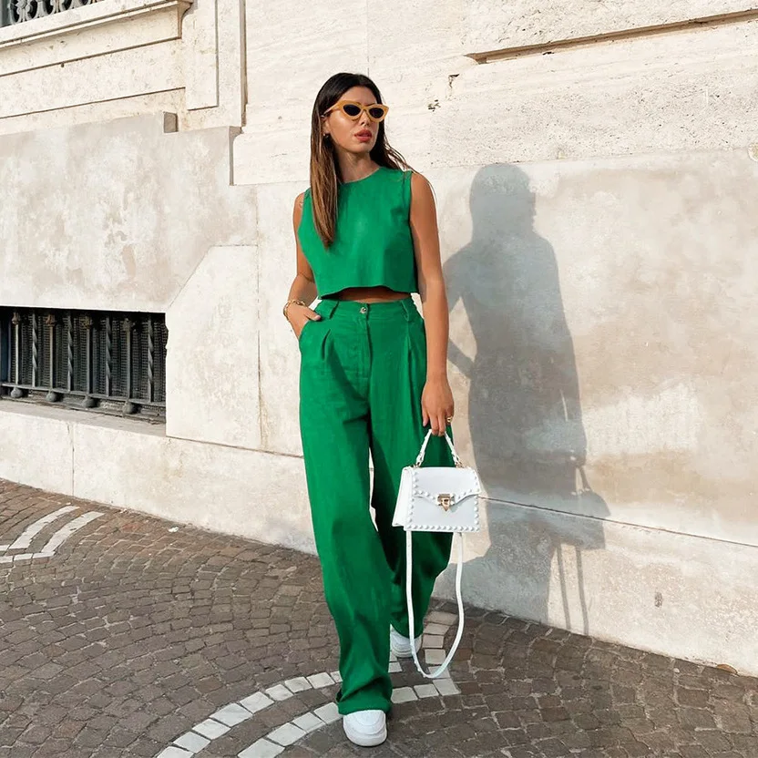 Vrouwen Mouwloze Top En Lange Broek Set Mode Dames Korte Tank Top Dagelijks Casual Dames Lange Wijde Pijpen broek