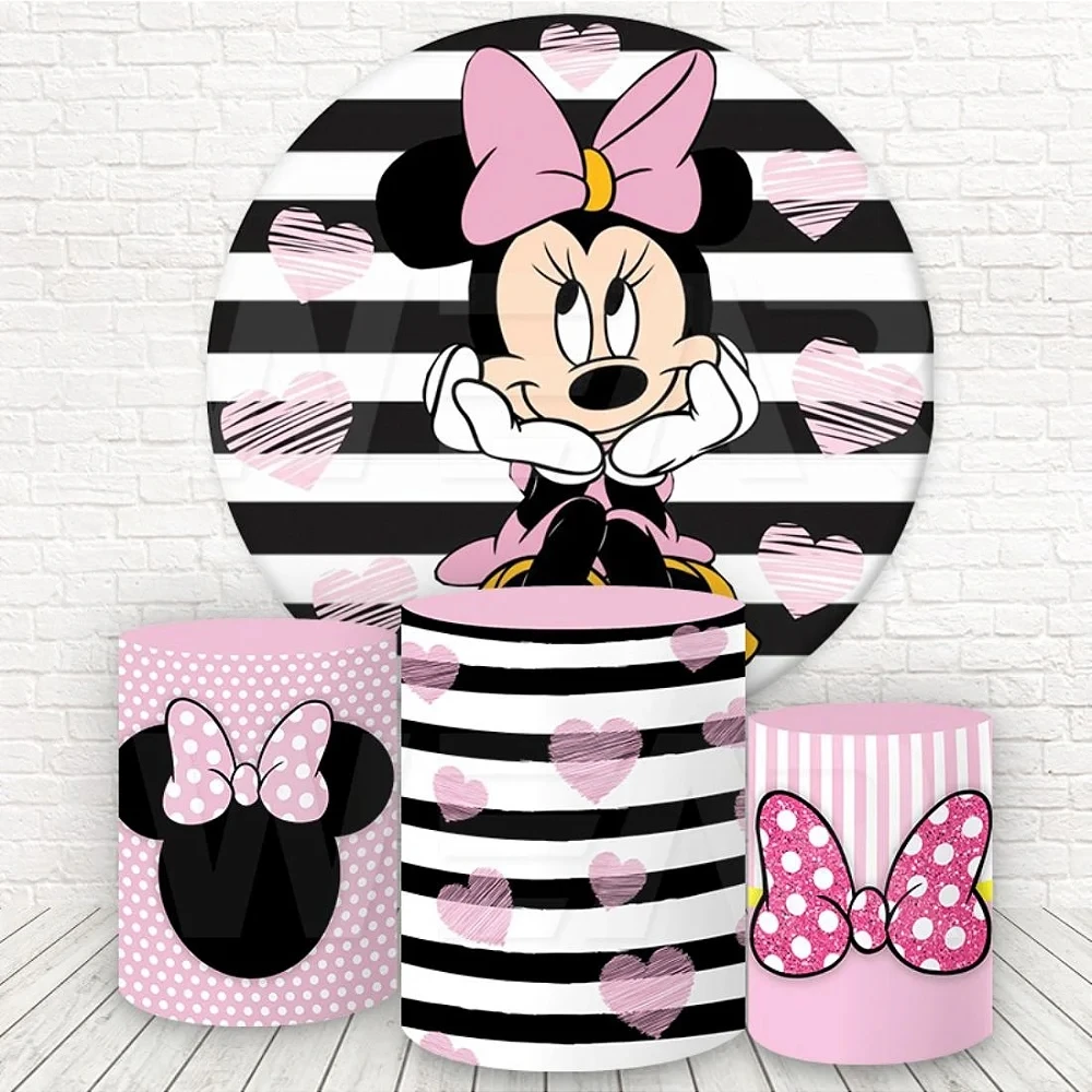 Baby Shower Round Background Circle Photo Backdrop Pink Minnie Mouse Girl Birthday Party Decoration Table Plinth Cylinder Cover