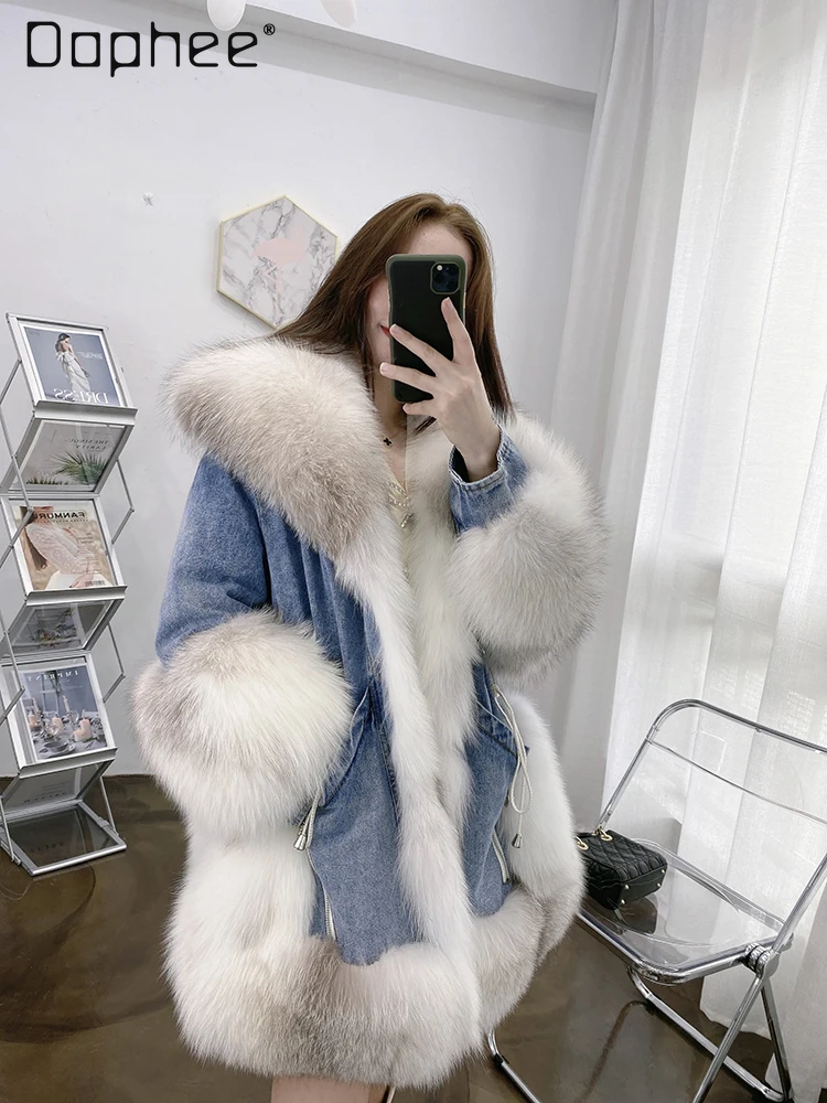 

Imitation Fox Fur Denim Patchwork Coat Parka Down Cotton Jacket for Women High-End Fashionable Loose Mid-Length Thickened Coat