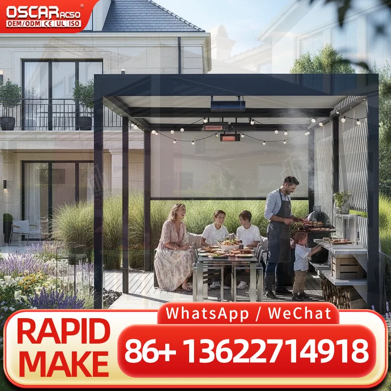 Motorized System for Building Waterproof Roof Panel Canopy Bioclimatic Aluminum Outdoor Structure in Villa Gazebo for Garden Pat