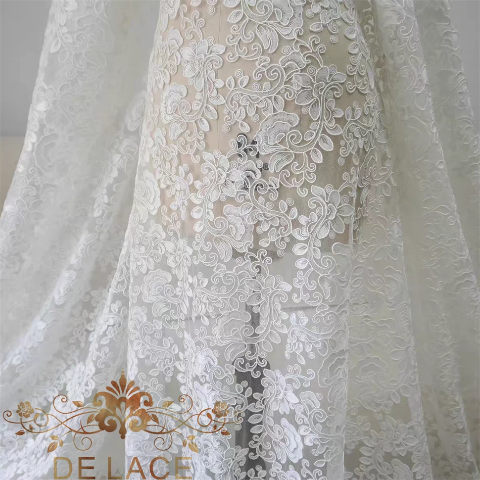 

JZQ Luxury Floral Embroidered Corded Lace Fabric High Quality Embroidered Lace Mesh for Bridal Dresses