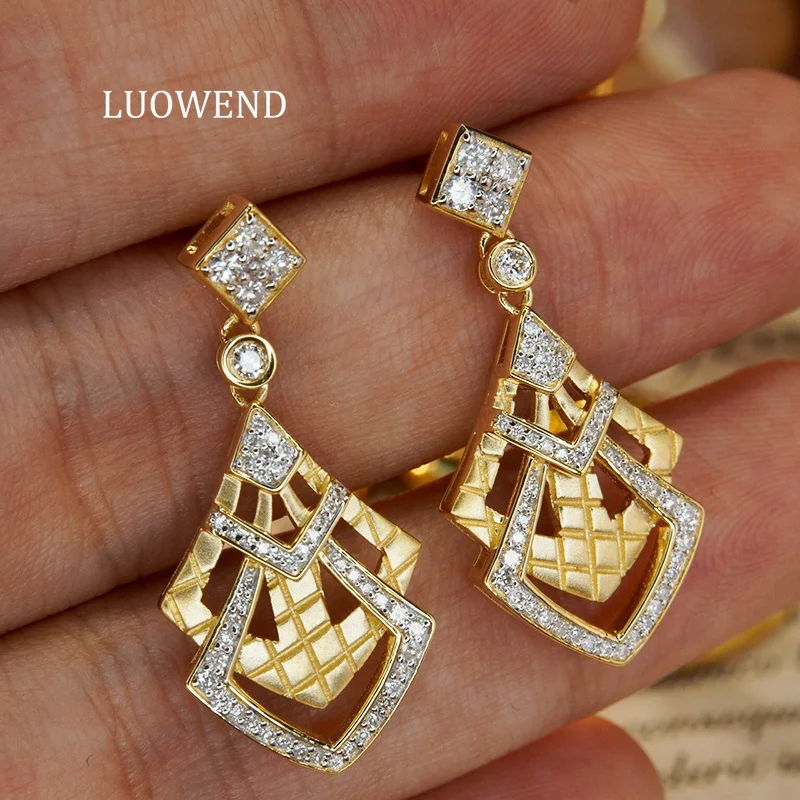 LUOWEND 100% 18K White+Yellow Gold Earrings Fashion Geometric Design Real Natural Diamond Drop Earrings Women Party Jewelry
