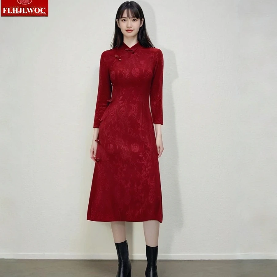 فستان أحمر عتيق أنيق للعام الجديد للنساء على الطراز الصيني فستان ضيق ضيق بياقة ثابتة فساتين قميص فيستدوس
