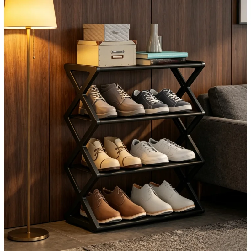 4 Layer X-Type Shoe Rack Space Saving Foldable Shoe Storage Shelf Easy Assembly for Porch Living Room Entryway