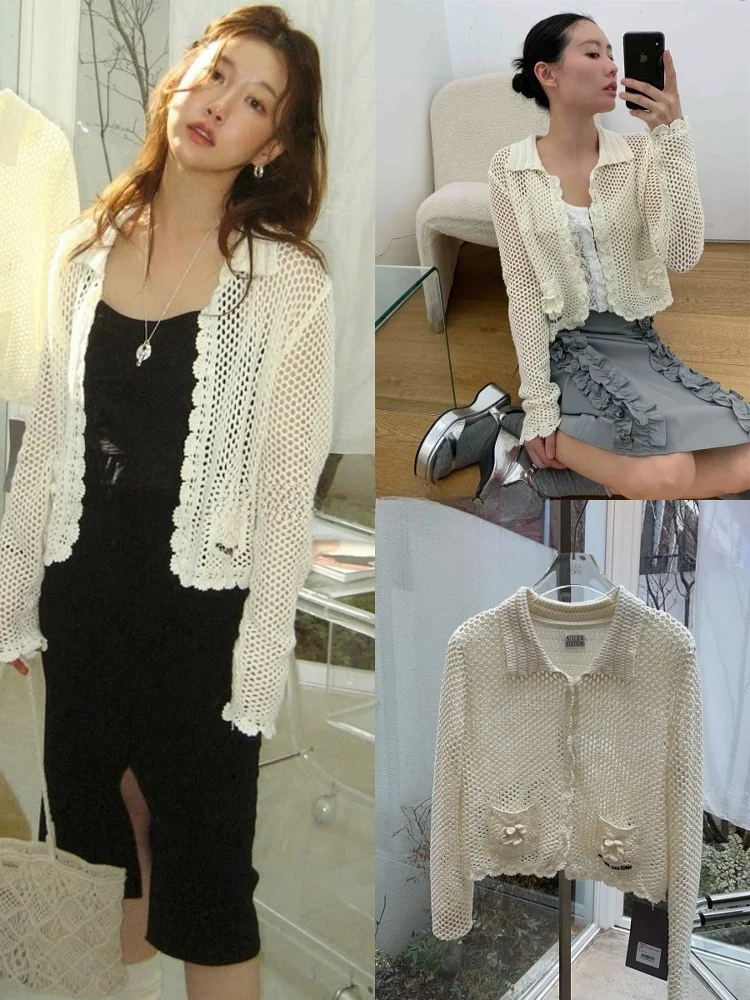 

Кардиган Atelier Edition 25: Простой, элегантный, мягкий, вязаный, с ажурным цветочным узором, с длинными рукавами, воротником, стандартной длины