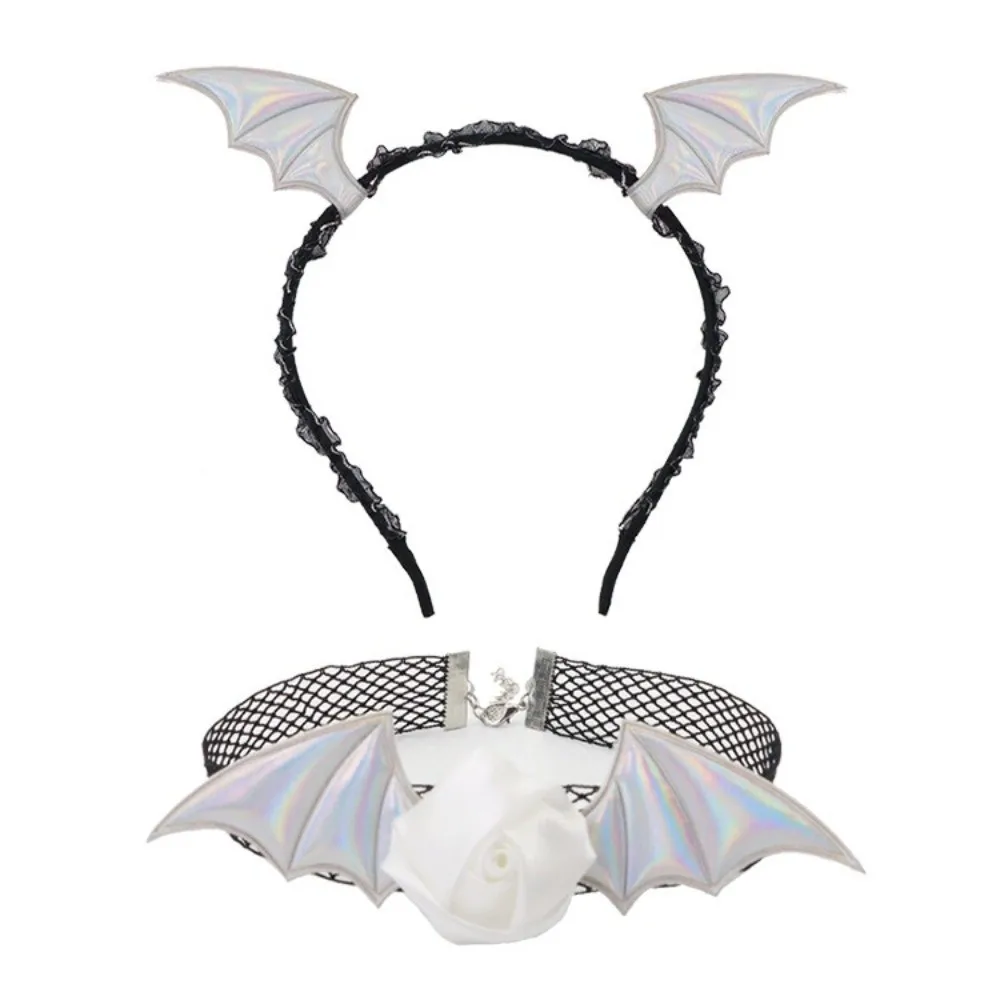 Mignon fleur chauve-souris ailes bandeau maille dentelle bandeau collier ensemble en cuir PU gothique Halloween cheveux cerceau carnaval
