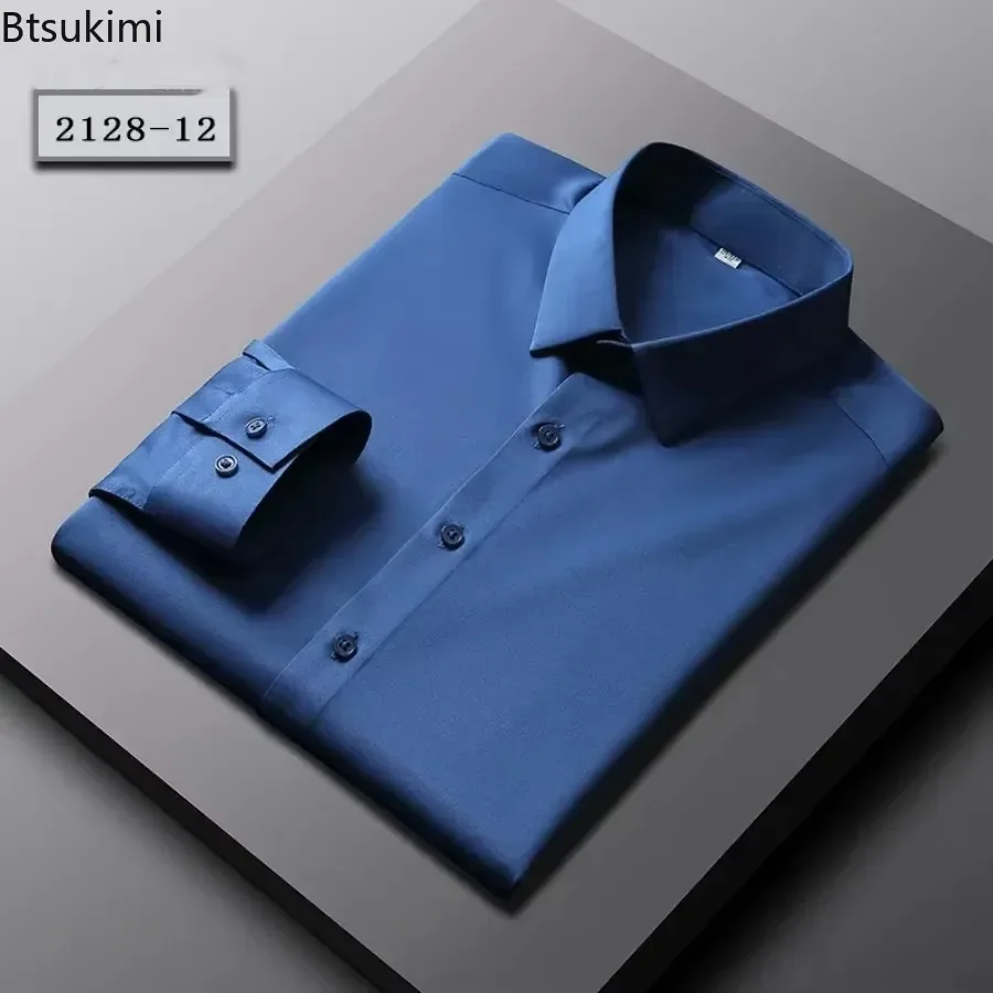 2025 camisas sociais masculinas de alta qualidade estiramento anti-rugas camisa de manga longa moda magro sólido negócios casual camisa social masculina