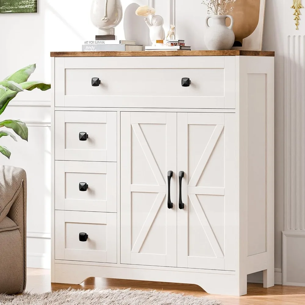 

Farmhouse Storage Cabinet with 2 Doors and 4 Drawers, Freestanding Bathroom Storage Cabinet Kitchen Pantry, Floor Hutch Cupboard