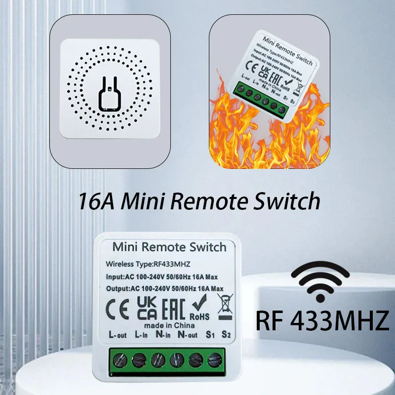 16A RF433 MHz Smart Switch Mini DIY Wireless Remote Control Light Switches Relay Receiver Automation Module for Home Led Lamp