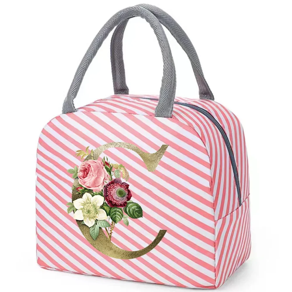 Insulated Lunch Box for Women Pink Cute Lunch Bag for Kids Cooler Waterproof Red Stripe Design Golden Flower Color Printing