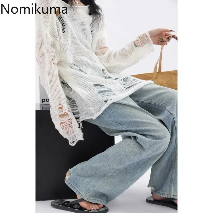 Sweater for Women Off Shoulder Long Sleeve Thin Jumper Pull Femme Fashion Hole Sexy Knitted Oversized Pullovers Y2k Tops 27v380