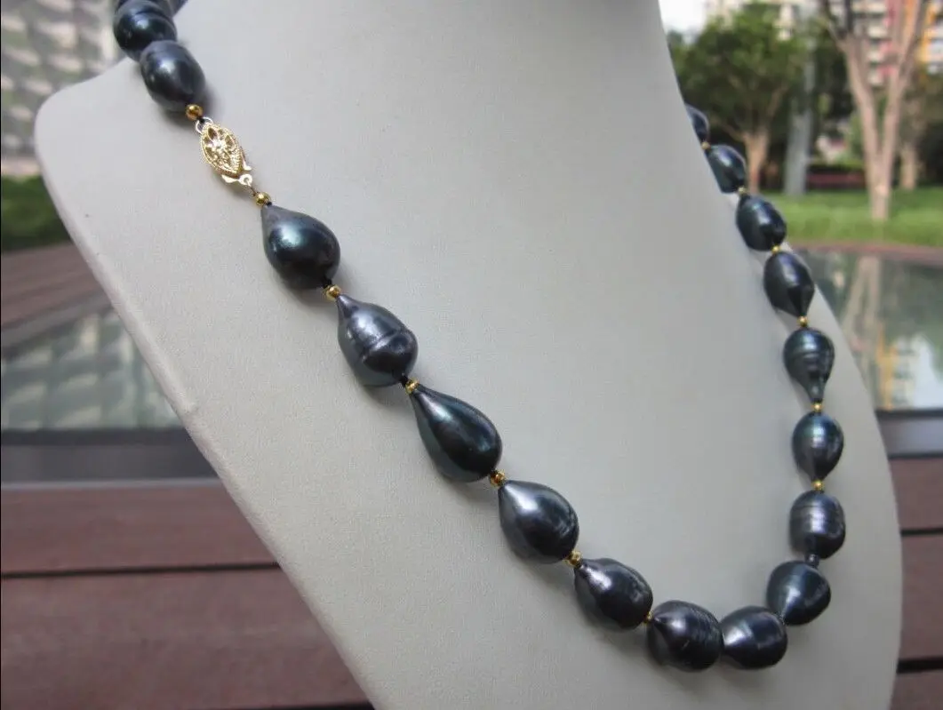 Gorgeous 10-12mm AAA tahitian black baroque pearl necklace 18inch 14k gold