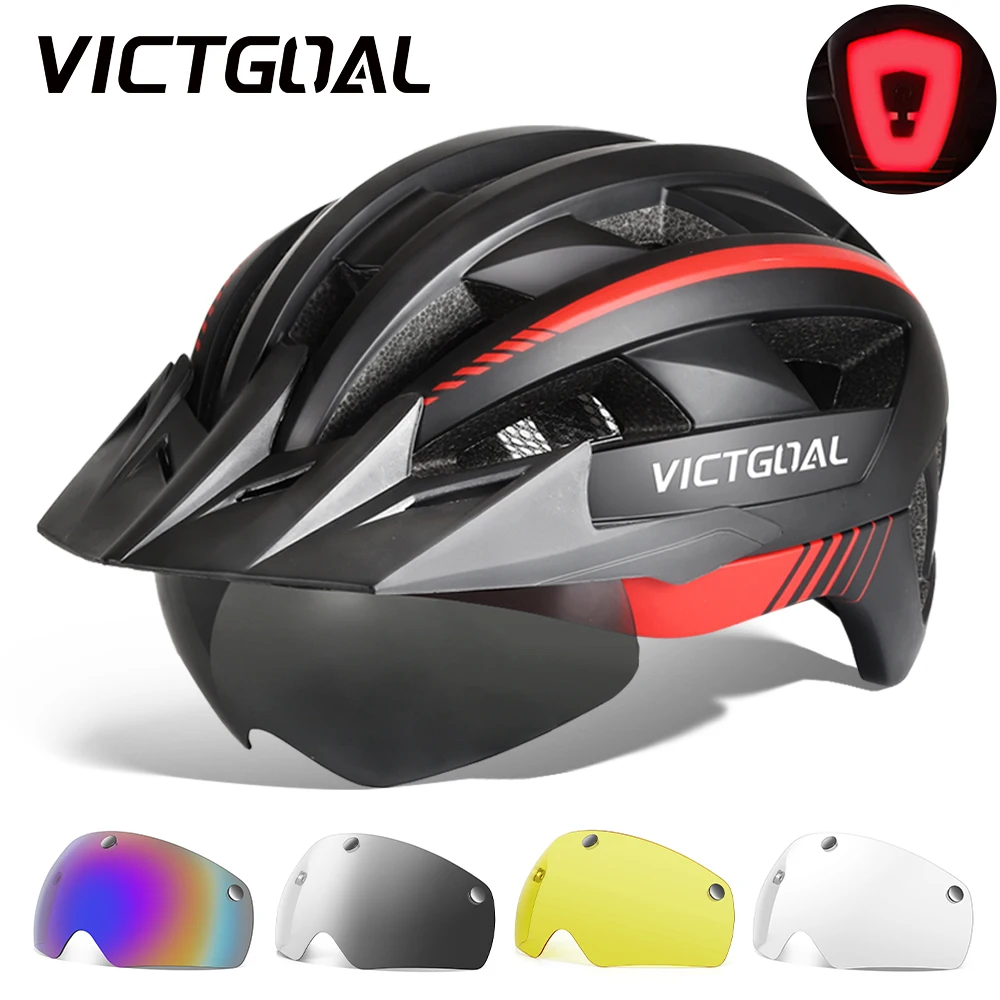 VICTGOAL Mountain Road Bike Helmet With Sun Visor Goggles Men Women Bicycle Helmet Back Light Magnetic Glasses Cycling Helmets