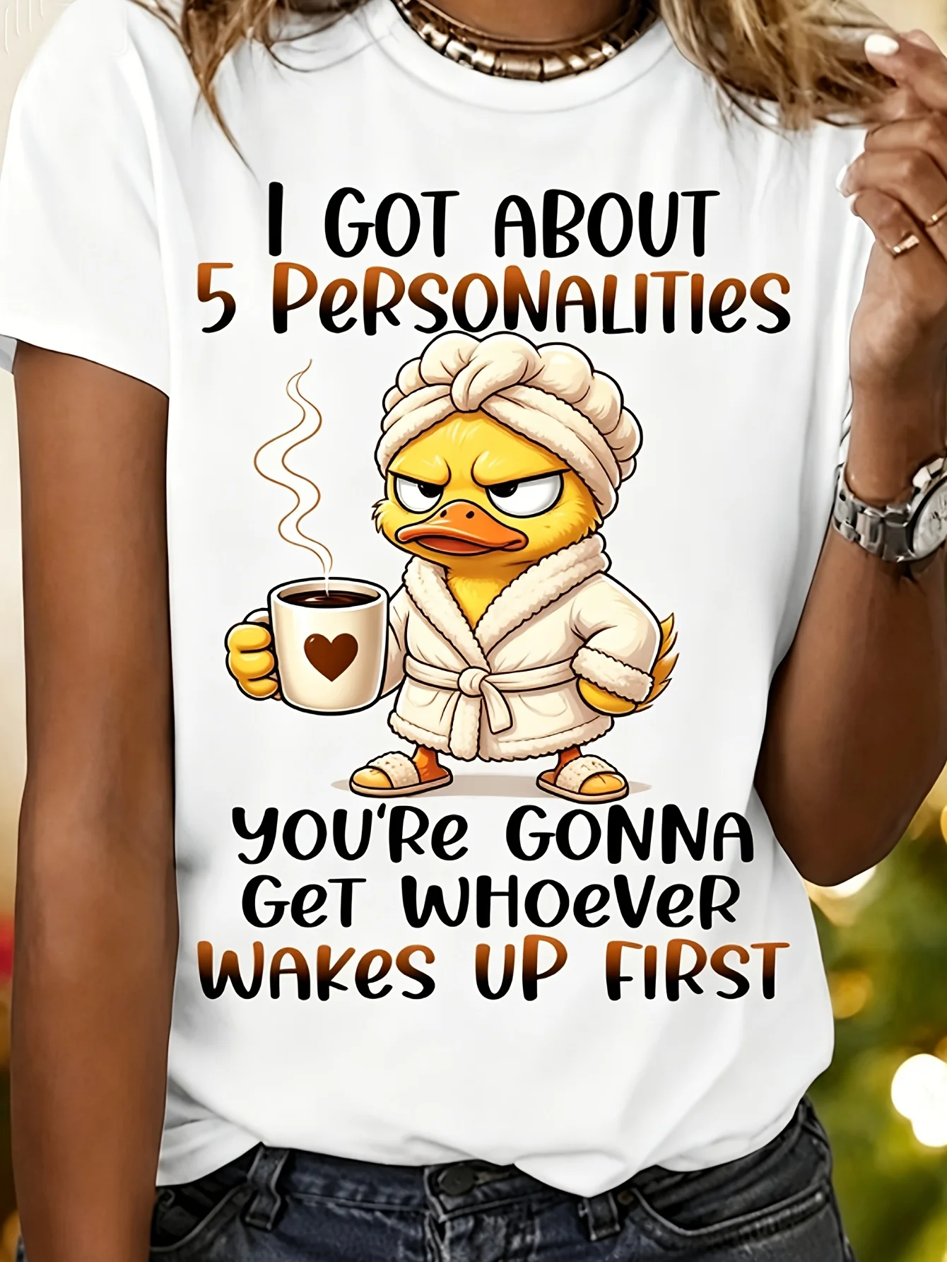 Funny Grumpy Duck T-Shirt with 5 Slogans & Coffee Cup Print - 100% 180G Casual Round Neck Short Sleeve Tee Suitable for Seasons, Machine Washable Humor Apparel For, Casual Attire & Gifts