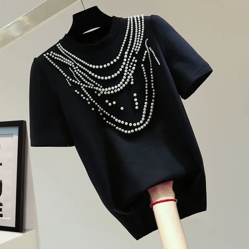 

SuperAen дизайн, вышитые расклешенные футболки с короткими рукавами и круглым вырезом, новинка лета 2022, корейские свободные однотонные повседневные прямые топы