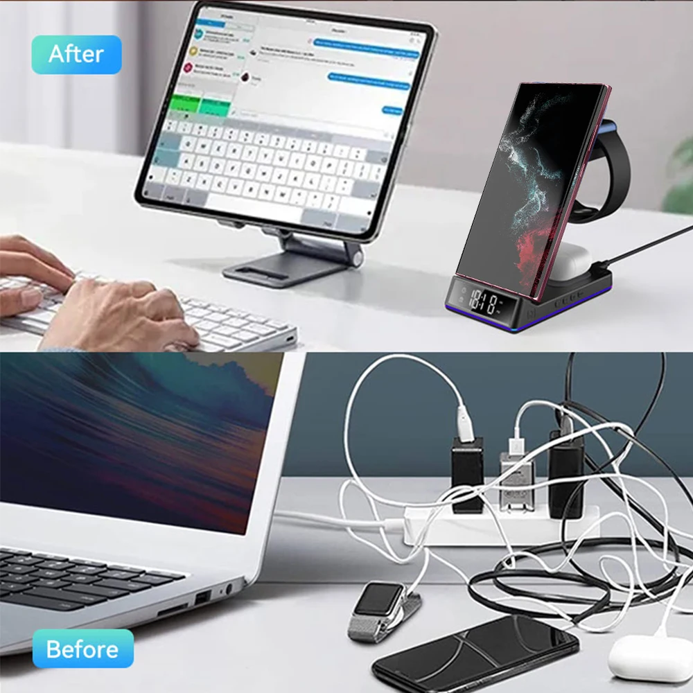 Soporte de cargador inalámbrico plegable 5 en 1 Base RGB con reloj despertador digital LED Estación de carga rápida para Samsung Galaxy Watch 5/4 Pro Active 2 S22 S21 Ultra Airpods iPhone14
