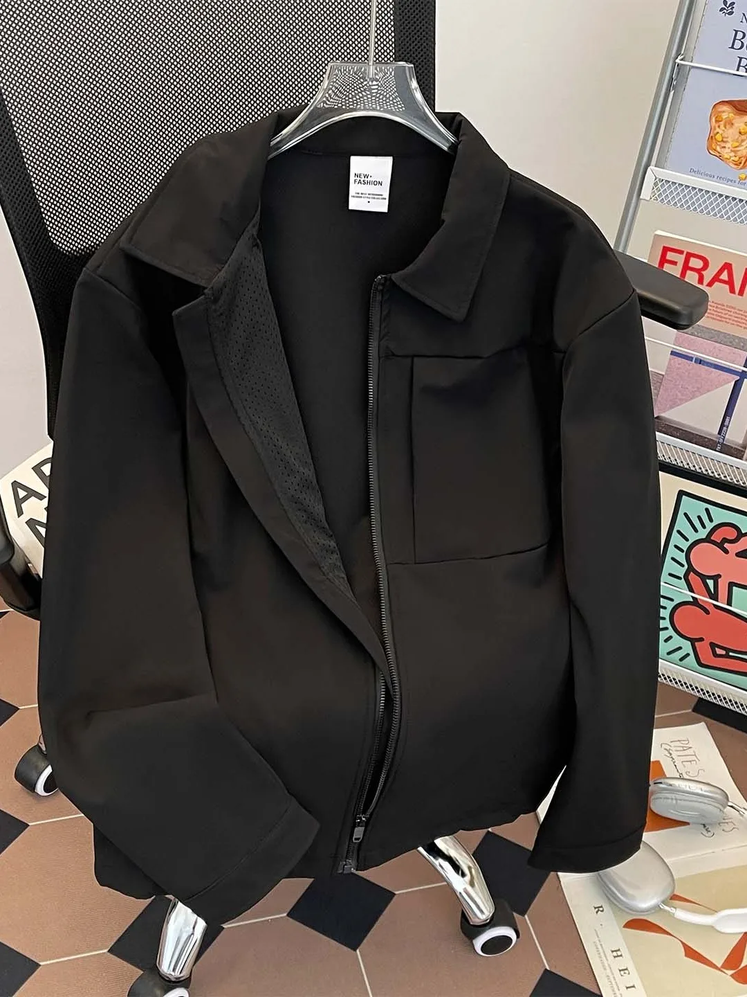 

Spring Autumn Men's Loose Fit Cotton Jaet Casual Spor Sle Korean Trend Vintage Hong Kong Sle Windproof Zipper Closure