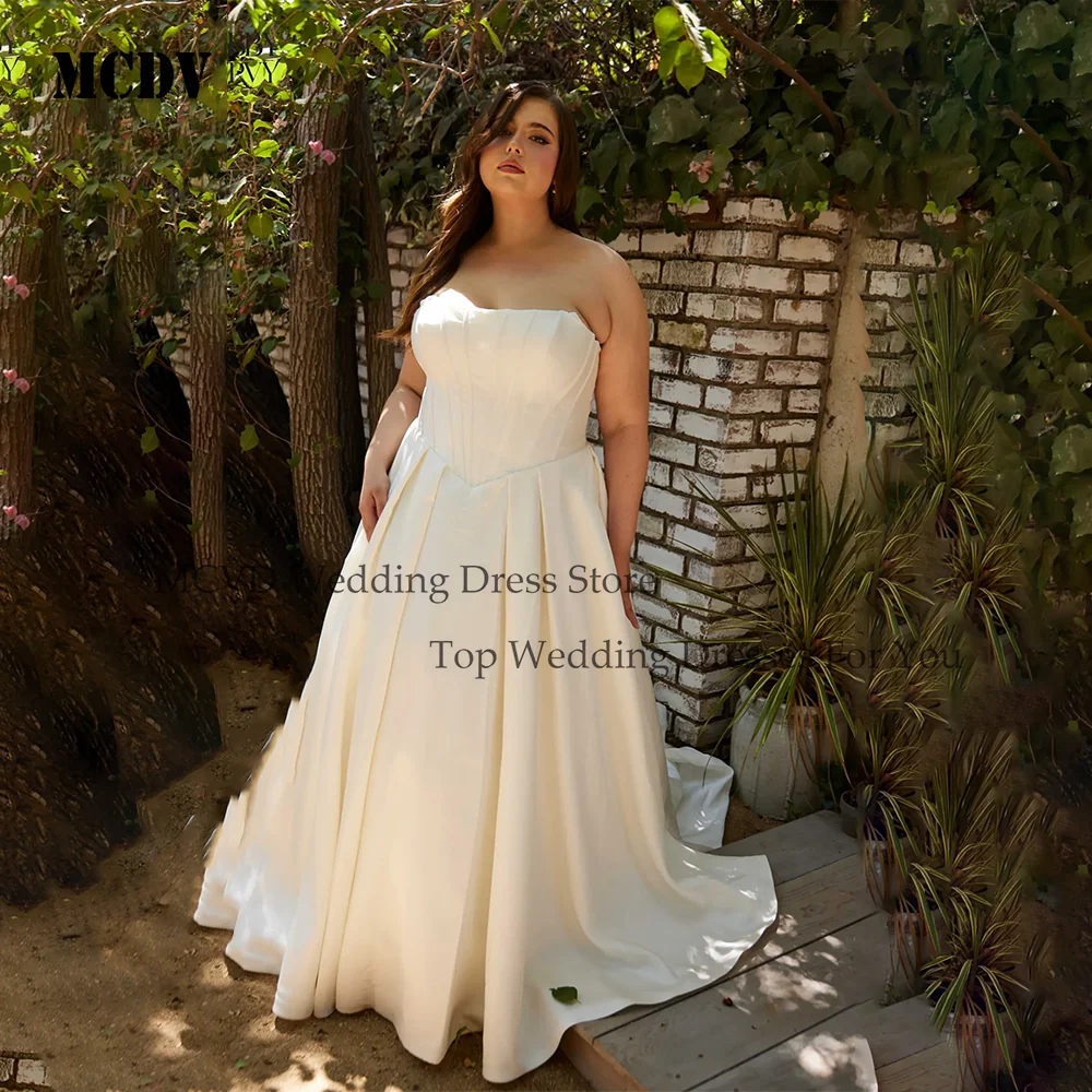 

MCDV Satin A Line Plus Size Wedding Dresses Zipper Back Elegant Pleat Bridal Gown Simple Vestido De Noival 2026 Customized