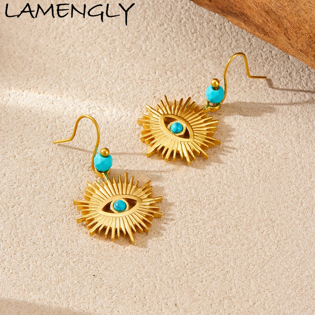 

LAMENGLY 316L Stainless Steel Turquoise Inlay Geometric Line Eyes Pendant Earrings For Women Niche Personalized Eardrop Jewelry