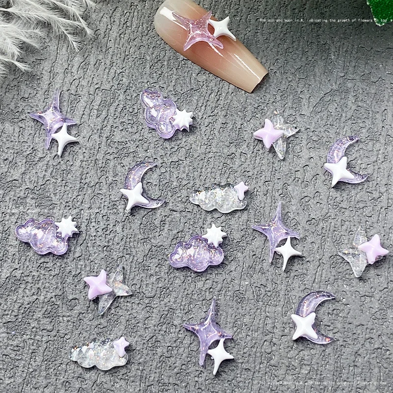 New 50pcs/Bag Purple 3D Lovely Moon Pointed Star Moon Cloud Nail Art Charm Nail Decoration Luminous Ins Style Nail Accessories