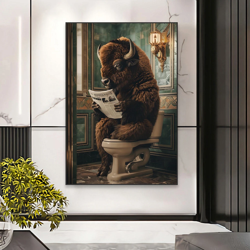 Bison on the Toilet Poster Funny Animal Poster Modern Bathroom Print Bathroom Wall Art Canvas Painting Bathroom Humor Home Decor