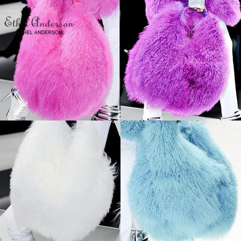 Luxury Real Mongolia Lamb Fur Handbag Soft Plush Genuine Leather Shoulder Boston Bag Women's Purse Hobo Style Fluffy Fuzzy Bags