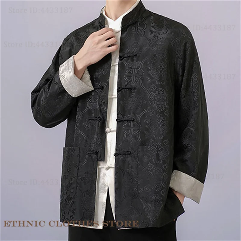 

Retro Jacquard Men's Costumen Shirt Chinese Style Tang Suit Tops Hanfu Cheongsam Jacket Plus Size Kung Fu Tai Chi Uniform Coat